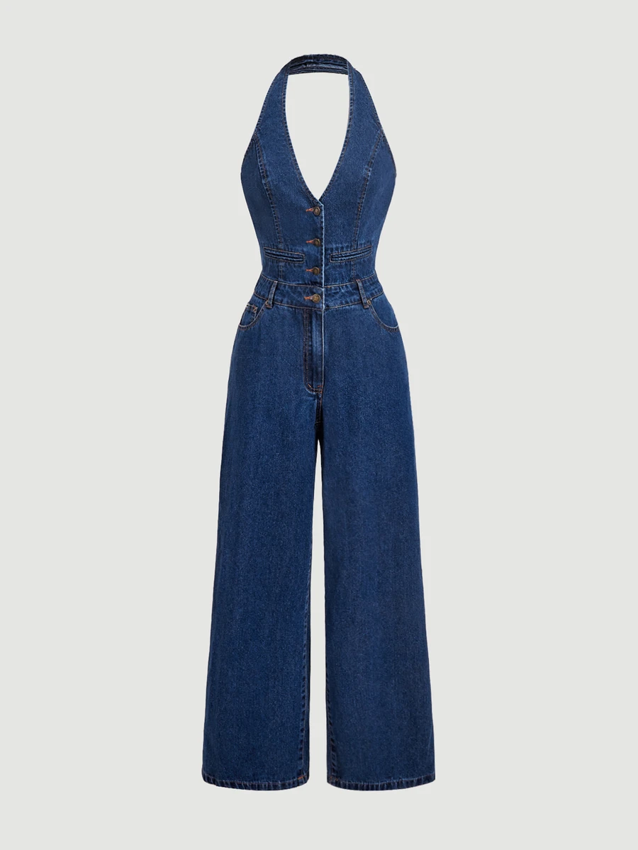 Sweetra Button Front Halter Neck Backless Denim Jumpsuit Weekend Everyday Aqua Blue Summer Casual - Blue - View 1