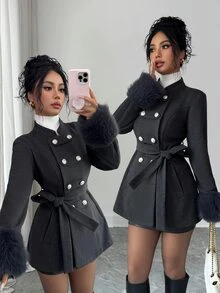 Elenzga 1pc Fuzzy Cuff Double Breasted Belted Overcoat - Dark Grey - View 1