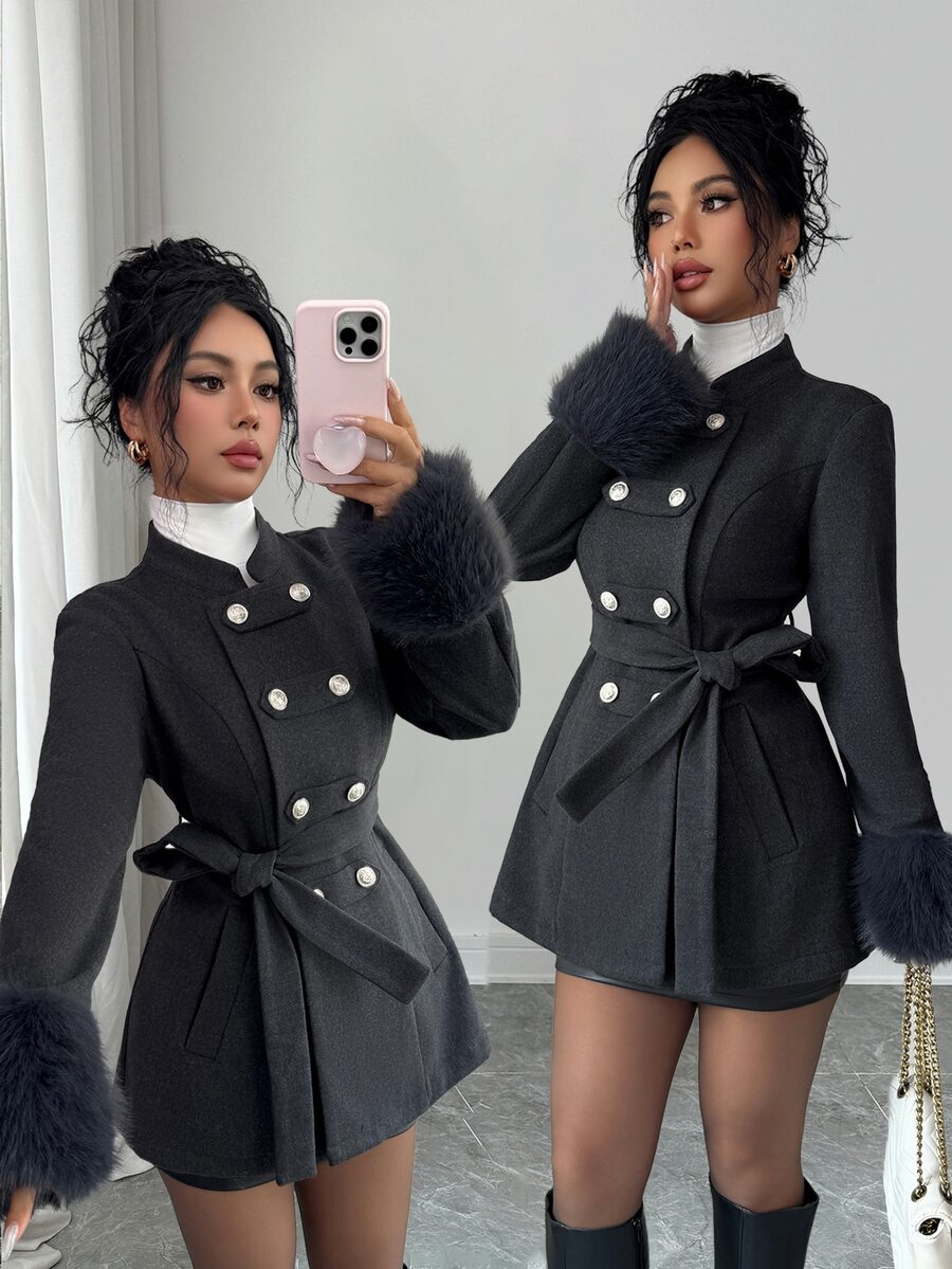 Elenzga 1pc Fuzzy Cuff Double Breasted Belted Overcoat - Dark Grey - View 1