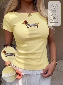 CovetEZ Letter & Cartoon Graphic Contrast Lace Tee - Pale Yellow - View 1