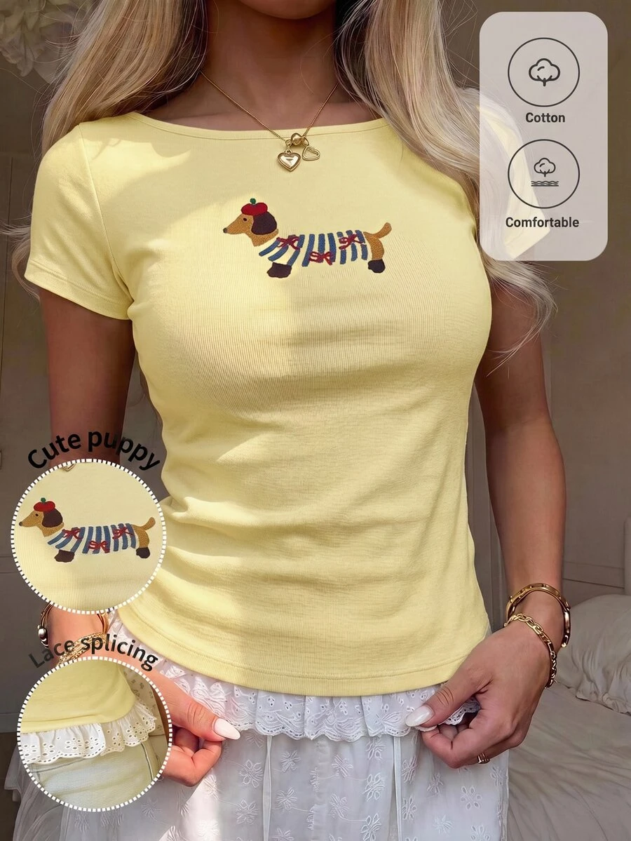 CovetEZ Letter & Cartoon Graphic Contrast Lace Tee - Pale Yellow - View 1