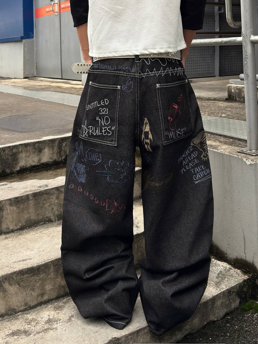 STEELVANCE 男士標語圖案寬腿牛仔褲 - 黑色 - 查看 1