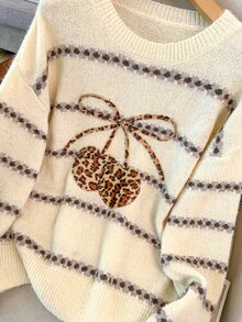 GlowEve CURVE Plus Size Leopard & Cherry Pattern Drop Shoulder Oversize Sweater Winter - Beige - View 6