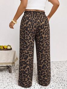 SHEIN Frenchy Plus Leopard Print Drawstring Waist Pants - Coffee Brown - View 2