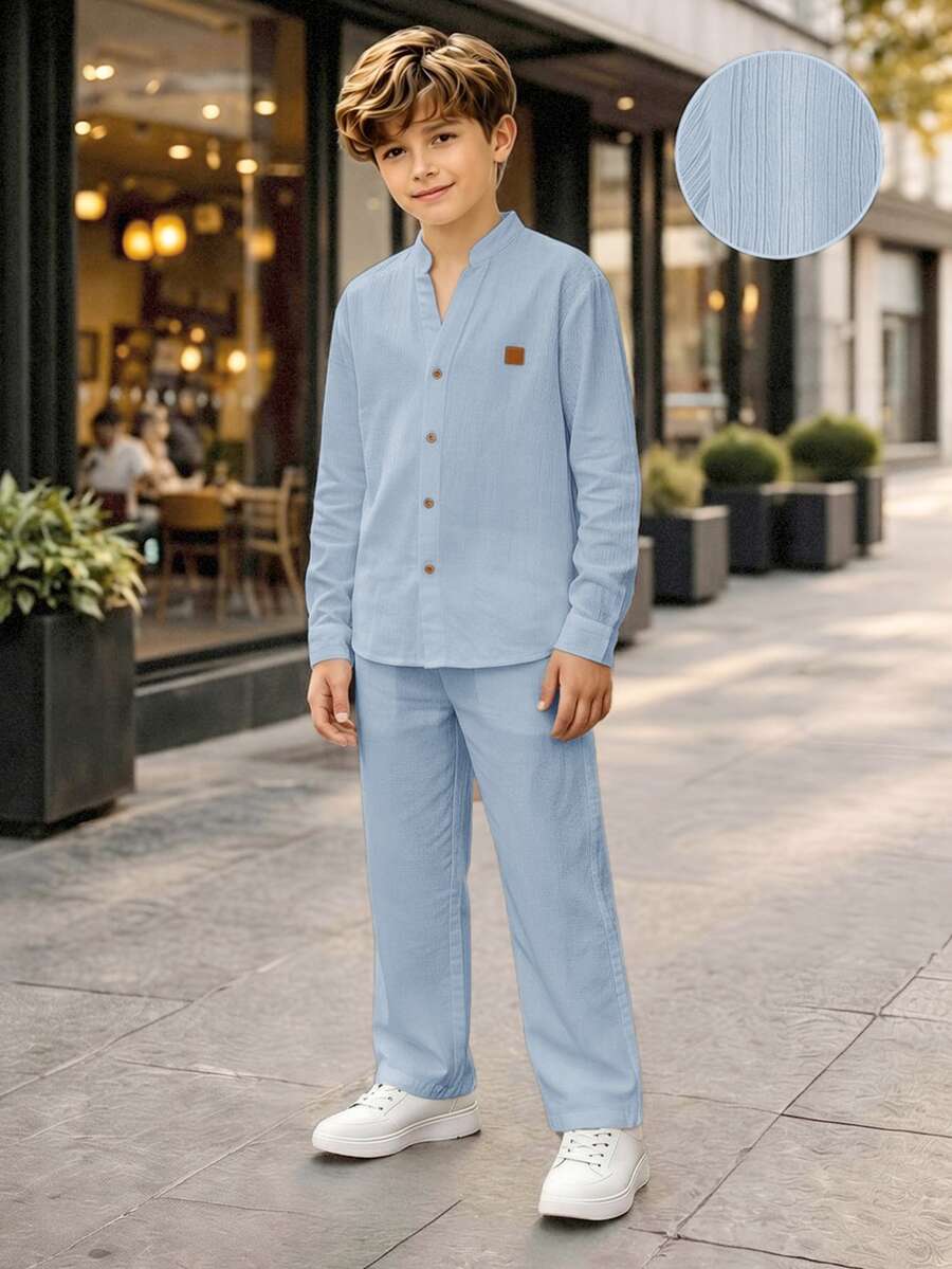 SHEIN Tween Boys Shirt Co-Ords - Dusty Blue - View 1