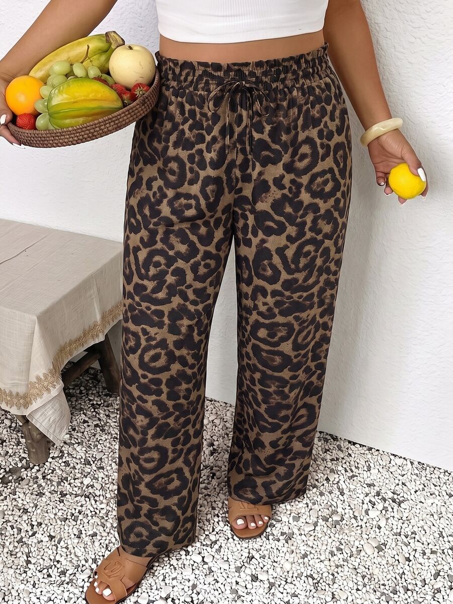 SHEIN Frenchy Plus Leopard Print Drawstring Waist Pants - Coffee Brown - View 1