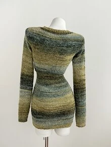 Elamini Minimalist Casual Sweet Women's Autumn/Winter Sage Green Cardigan Knit Dress - Multicolor - View 2