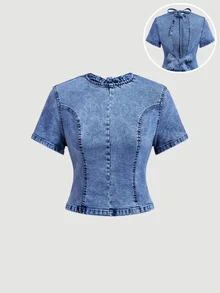 Sweetra Solid Zip Back Denim Top - Blue - View 1