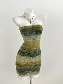 Elamini Minimalist Casual Sweet Women's Autumn/Winter Sage Green Cardigan Knit Dress - Multicolor - View 3