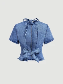 Sweetra Solid Zip Back Denim Top - Blue - View 2