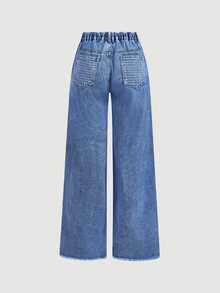 Sweetra Celana Jeans Pinggang Tinggi dengan Ujung Bawah Belum Dikerjakan dan Potongan Lebar - Biru - View 2