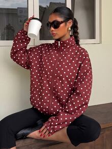 Muchica Polka Dot Print Zip Up Jacket - Burgundy - View 5