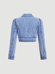 Sweetra Puff Sleeve Crop Denim Jacket - Blue - View 2