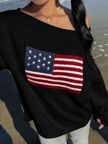 CovetEZ Suéter con hombros descubiertos y estampado de bandera estadounidense - Negro - Ver 5