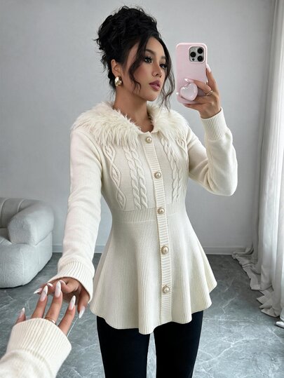 SHEIN Elenzya Cárdigan con botones delanteros y ribete de felpa