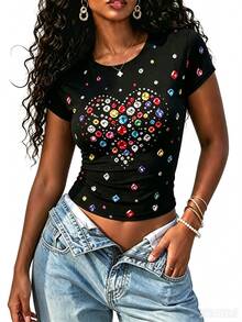 Zyxie Rhinestone Heart Print Crop Tee - Black - View 1