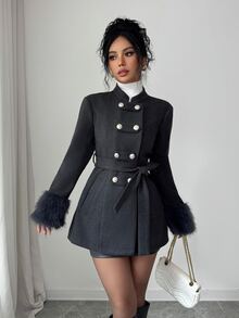 Elenzga 1pc Fuzzy Cuff Double Breasted Belted Overcoat - Dark Grey - View 3