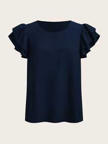Mellowie Plus Solid Layered Ruffle Armhole Blouse - Blue - View 6
