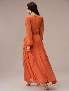 BELROSIE Lantern Sleeve Ruffle Trim Maxi Dress - Orange - View 8
