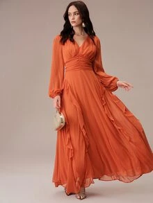 BELROSIE Lantern Sleeve Ruffle Trim Maxi Dress - Orange - View 6