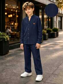 SHEIN Tween Boys Shirt Co-Ords - Navy Blue - View 1