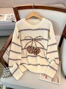 GlowEve CURVE Plus Size Leopard & Cherry Pattern Drop Shoulder Oversize Sweater Winter - Beige - View 1