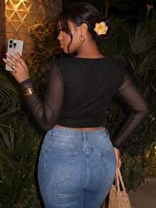Firerie Plus Draped Front Mesh Tee - Black - View 3