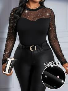 SHEIN Lady Camiseta de malla con contraste y detalle de strass talla grande - Negro - Ver 1