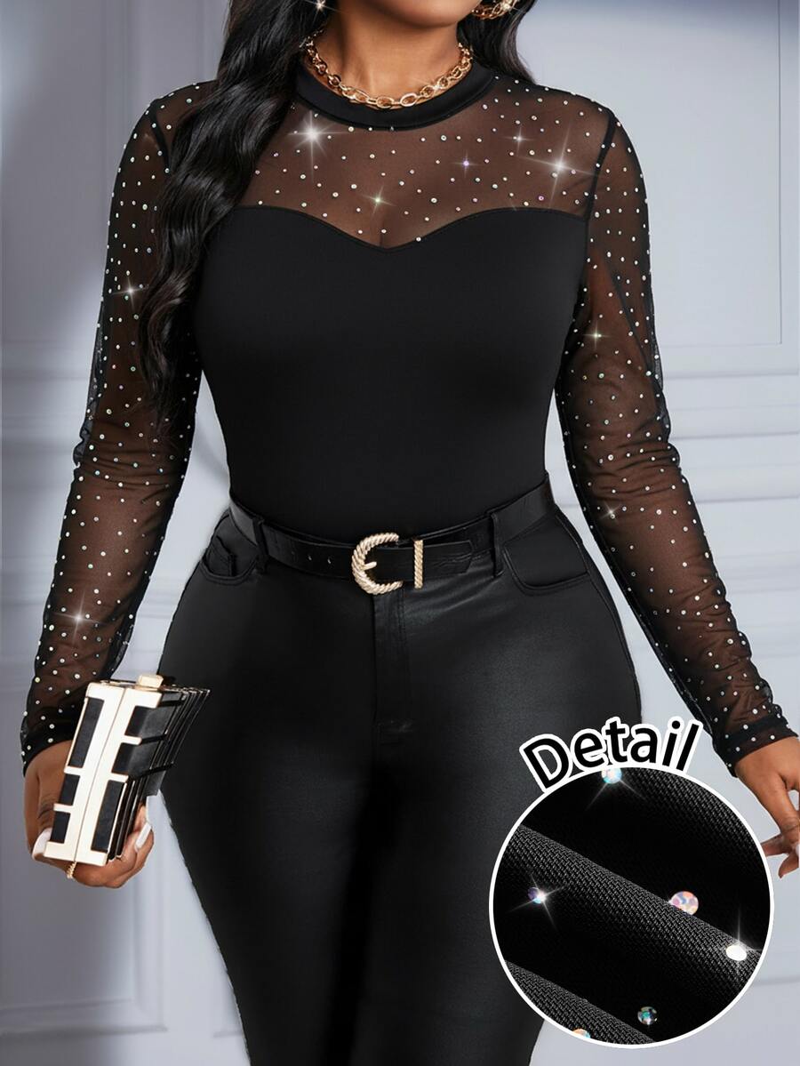 SHEIN Lady Camiseta de malla con contraste y detalle de strass talla grande - Negro - Ver 1