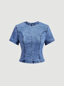 Sweetra Solid Zip Back Denim Top - Blue - View 5