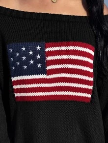 CovetEZ Suéter con hombros descubiertos y estampado de bandera estadounidense - Negro - Ver 6