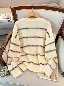 GlowEve CURVE Plus Size Leopard & Cherry Pattern Drop Shoulder Oversize Sweater Winter - Beige - View 2