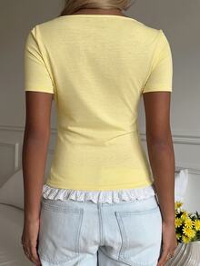 CovetEZ Letter & Cartoon Graphic Contrast Lace Tee - Pale Yellow - View 2