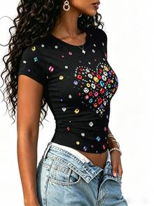 Zyxie Rhinestone Heart Print Crop Tee - Black - View 4