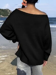 CovetEZ Suéter con hombros descubiertos y estampado de bandera estadounidense - Negro - Ver 2
