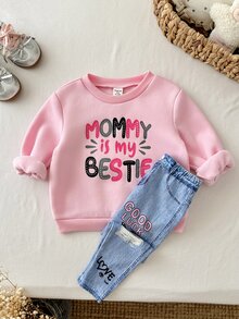LMoss Kids 女嬰字母圖案保暖衛衣與牛仔效果印花長褲套裝 - 彩色 - 查看 1
