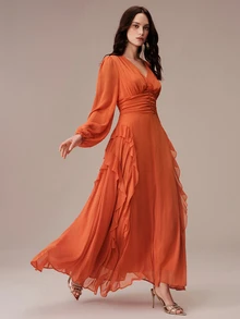 BELROSIE Lantern Sleeve Ruffle Trim Maxi Dress - Orange - View 2