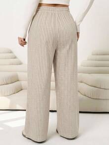 Solflare Plus Striped Print Drawstring Waist Wide Leg Pants - Khaki - View 2