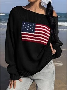 CovetEZ Suéter con hombros descubiertos y estampado de bandera estadounidense - Negro - Ver 3