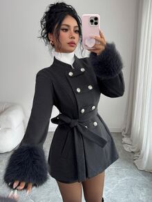 Elenzga 1pc Fuzzy Cuff Double Breasted Belted Overcoat - Dark Grey - View 6