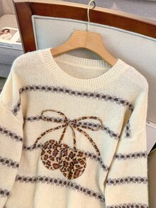GlowEve CURVE Plus Size Leopard & Cherry Pattern Drop Shoulder Oversize Sweater Winter - Beige - View 4