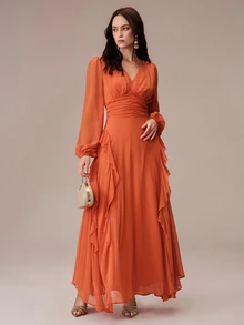 BELROSIE Lantern Sleeve Ruffle Trim Maxi Dress - Orange - View 7