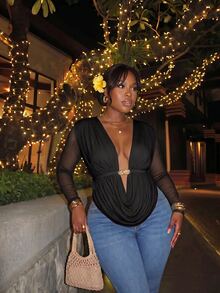 Firerie Plus Draped Front Mesh Tee - Black - View 4