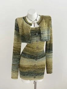 Elamini Minimalist Casual Sweet Women's Autumn/Winter Sage Green Cardigan Knit Dress - Multicolor - View 6