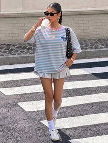 Muchica 女款 T恤 校園風 粉色條紋 街頭穿搭 Y2K 2000年代 - 彩色 - 查看 3