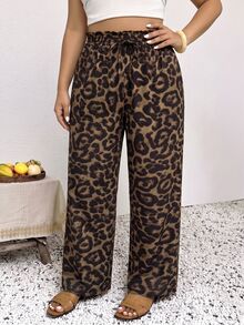 SHEIN Frenchy Plus Leopard Print Drawstring Waist Pants - Coffee Brown - View 6
