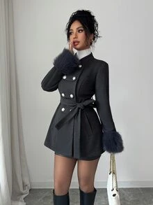 Elenzga 1pc Fuzzy Cuff Double Breasted Belted Overcoat - Dark Grey - View 7