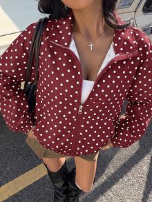 Muchica Polka Dot Print Zip Up Jacket - Burgundy - View 1