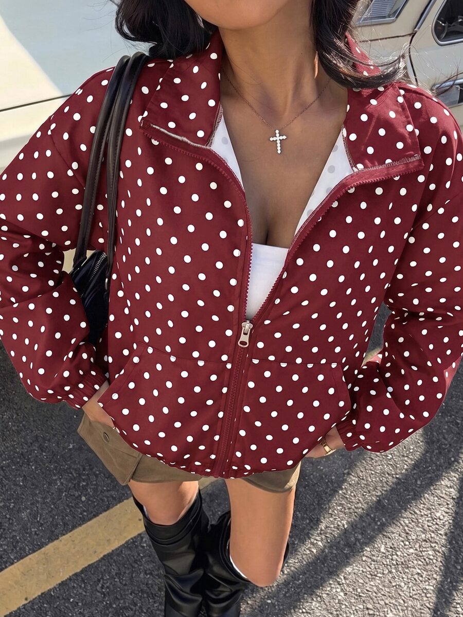 Muchica Polka Dot Print Zip Up Jacket - Burgundy - View 1