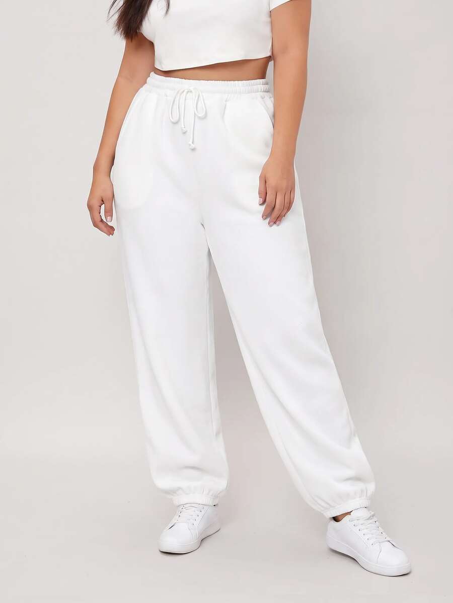 SHEIN BASICS Plus Size Comfortable Women's White Loungewear Sweatpants With Pockets And Adjustable Waist Gym Brunch Soft Modest Fall/Winter - White - View 1